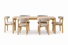 Comedor Japandi 6 Personas – Madera Natural + Tapizado Premiun