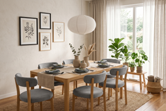 Comedor Japandi 6 Personas – Madera Natural + Tapizado Premiun